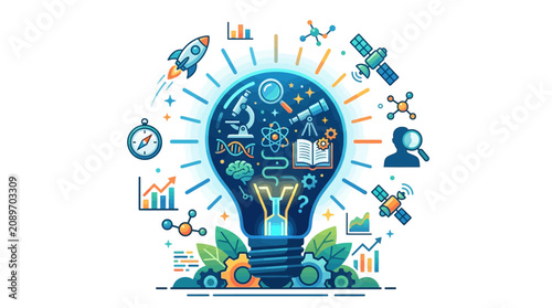 Innovation lightbulb with science and technology icons, brainstorm, creativity concept.