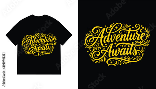 Fotografía black t shirt design with golden adventure awaits text