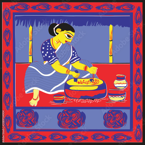 Traditional Bengali Woman Grinding Spices Folk Art Illustration, Patachitra Style Painting of a Rural South Asian Woman at Work