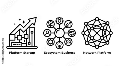 Icon collection illustrating platform startup growth ecosystem business structures digital network platform connectivity platform ecosystem business connectivity structure internet