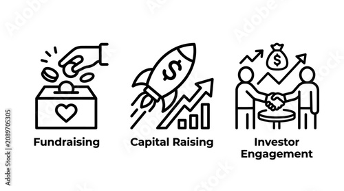 Business funding and investor engagement icon set showing charity fundraising and startup capital with fundraising investor business engagement donation partnership handshake management