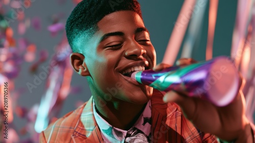 Young man smiles brightly blowing a party noise maker