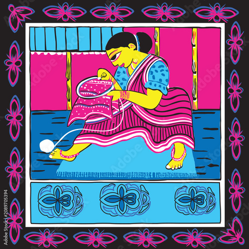 Traditional Bengali Woman Sewing Nakshi Kantha Folk Art Illustration, Modern Folk Art Illustration of Bengali Textile Heritage and Sewing