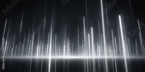 Fotografie Abstract white light streaks ascend against a dark background with reflections r