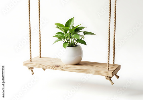 Hanging wooden swing with green plant