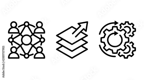 Business growth and strategic development icon set featuring networking progress and gear operation business strategy development networking operation workflow management teamwork corporate