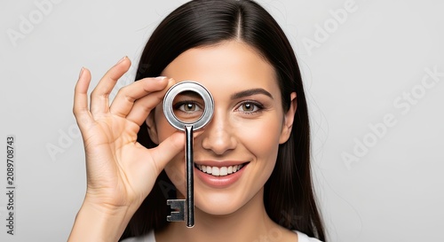 Woman looking through a key bow to her eye.