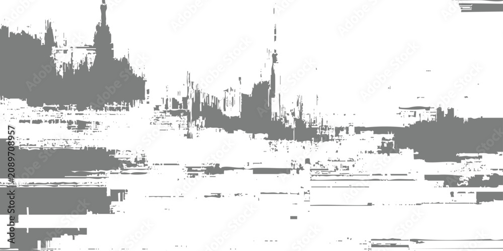 Fototapeta premium Abstract black and white city skyline glitch texture with distorted digital noise and monochrome pixel architecture