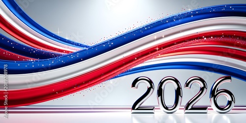 Sweeping Arrangement of Red White and Blue Satin Ribbons Forming Number 2026 on Light Background