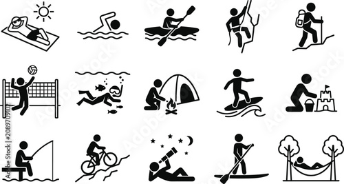 Canvastavla Set of black and white summer vacation and outdoor activity icons featuring stic