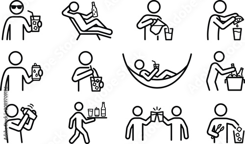 Photography Set of black and white stick figure icons showing people drinking beverages rela