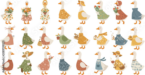 A collection of cute watercolor geese characters wearing various colorful winter clothes and accessories isolated on a white background for children book design