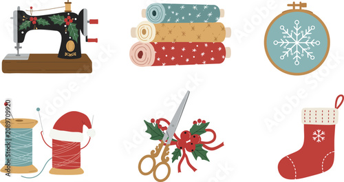 A collection of vintage sewing tools and festive holiday craft supplies including a sewing machine fabric rolls embroidery hoop scissors and christmas stocking