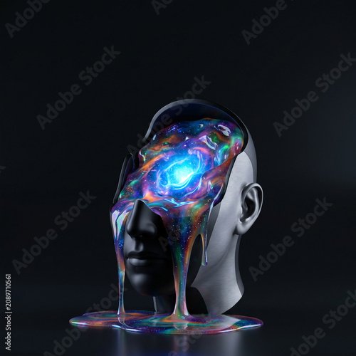 An art installation featuring a head with a substance flowing out from an inner universe.