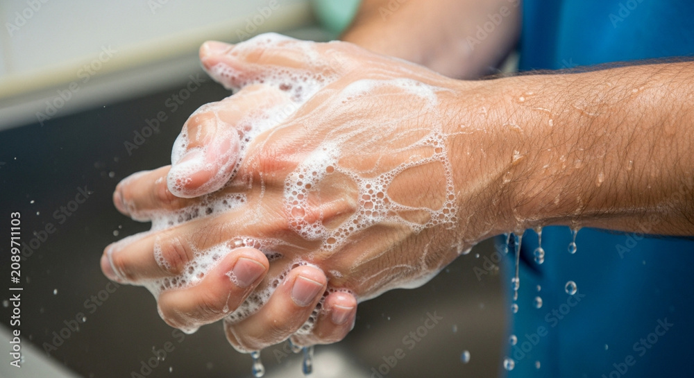 Fototapeta premium Hands washing with soap and water, full of foam and bubbles, close-up shot