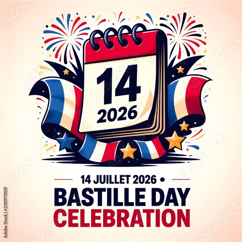 Bold Graphic Poster Calendar Marking National Celebration with Fireworks and Flags