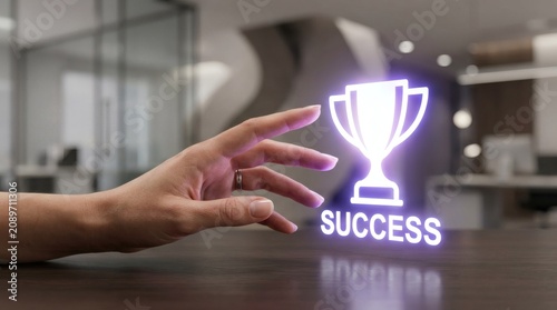 A person's hand interacts with a glowing trophy icon on a table in an office.