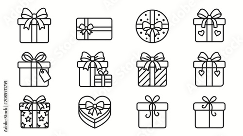Fotografie Gift Box Line Icons Set - Present, Wrapped Gift, Holiday Package, Birthday, Chri