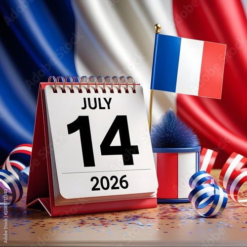 Desktop calendar marking July 14 with French flag colors and festive confetti in close-up view