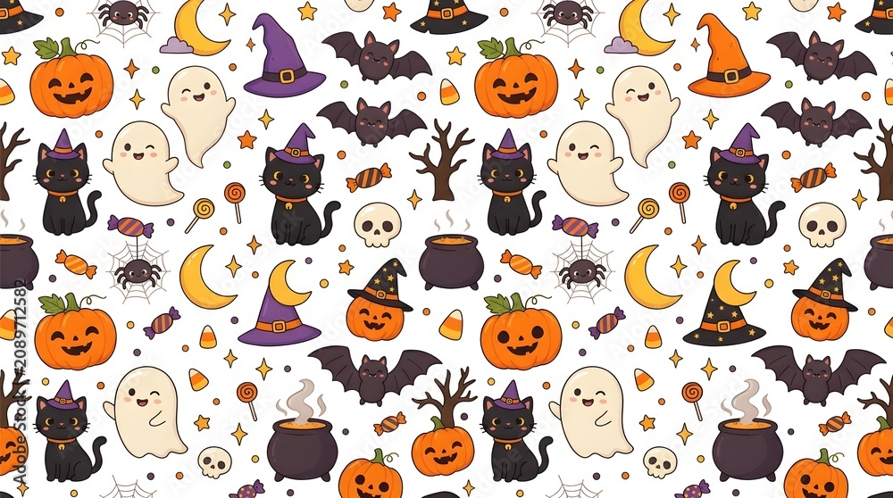Fototapeta premium Seamless halloween pattern with pumpkins, ghosts, bats, and cats isolated on white background