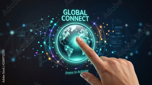 A hand interacts with a glowing digital globe on a futuristic interface