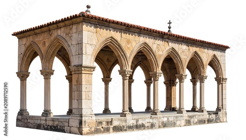 Historic stone church with arched windows and crosses.