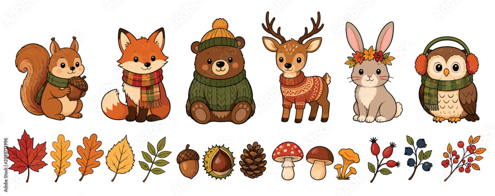 Obraz premium Set of cute cartoon autumn animals including a squirrel, fox, bear, deer, rabbit, and owl wearing cozy sweaters and scarves, with leaves, mushrooms, and berries