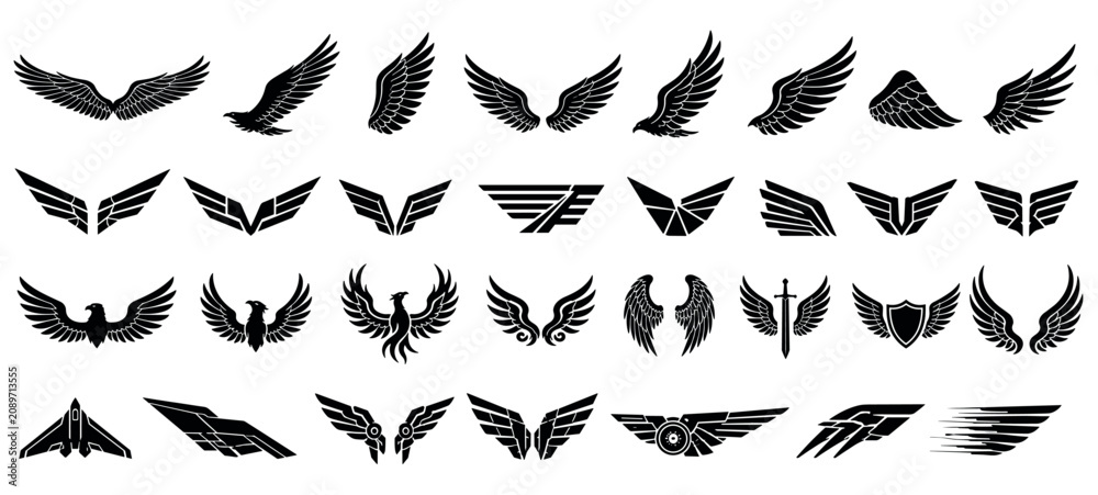 Fototapeta premium Collection of black wing silhouettes and emblems featuring various styles from realistic bird and angel wings to abstract, geometric, and aviation-inspired graphic icons