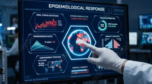 A gloved hand interacts with an epidemiological response screen displaying graphs.