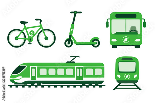 Sustainable Urban Mobility Vector Icons Set: Eco-Friendly Electric Bicycle, Scooter, Public City Bus, High-Speed Train, and Subway for Green Transportation and Environmental Travel Solutions