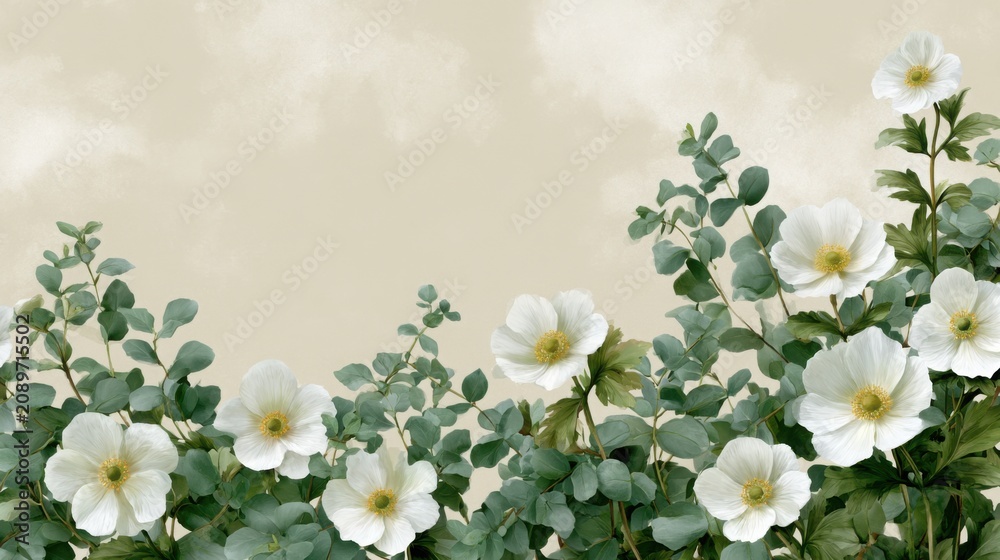 Obraz premium Floral arrangement featuring white flowers and green eucalyptus leaves on a soft beige background, ideal for funeral card memorial or remembrance design