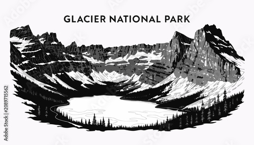 Fotografi Very beautiful black and white realistic vector illustration of Glacier National