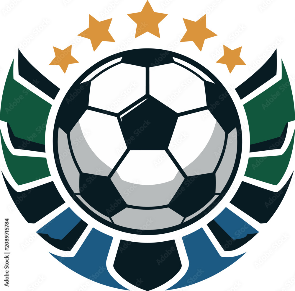 Fototapeta premium Soccer ball emblem with stars and wings in flat vector style during championship celebration