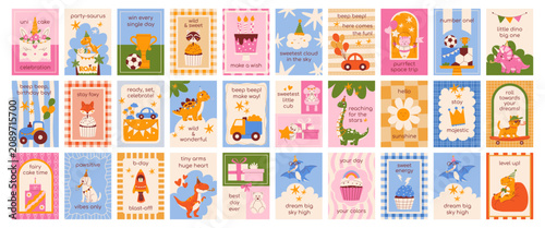 Kids birthday card big set with cute dinosaur, transport, birthday cake, cute animals, hand drawn vector, colorful flat style for baby  greeting poster for boys and girls, party invitation