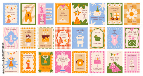 First birthday card big collection with cute giraffe, dinosaur, birthday cake, baby romper, candle number one, hand drawn vector, colorful flat style for toddler greeting poster, party invitation