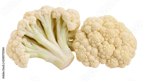 Isolated natural raw fresh cauliflower florets and entire head healthy produce ingredient.