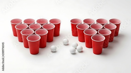 Red plastic beer pong cups arranged in two triangles with white ping pong balls for party game. bierpong