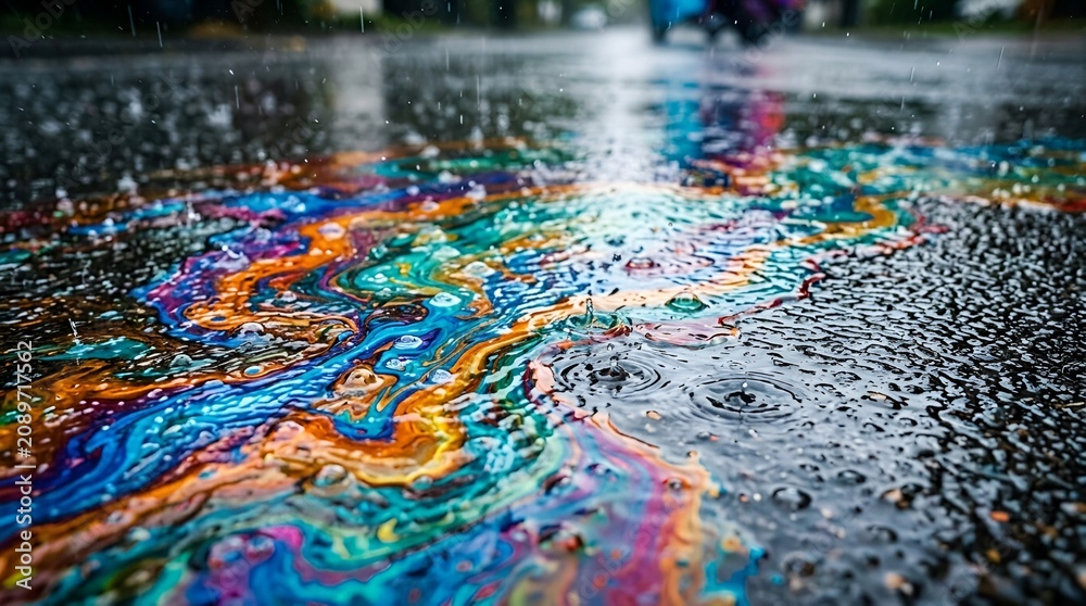 Obraz premium Colorful oil slick on wet asphalt road during rain, abstract patterns