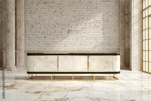 Luxury marble sideboard with gold accents stands in an opulent room.