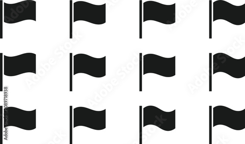 Set of uniform flag silhouettes in various waving positions, marker and goal achievement icons for map, navigation, and location design elements