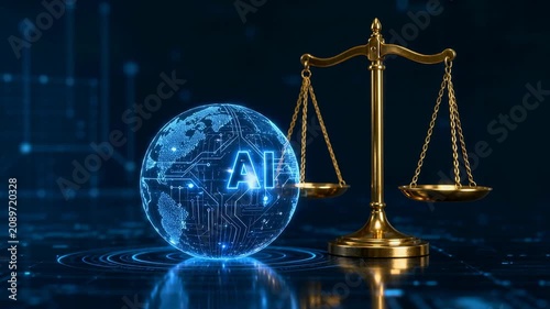 Artificial intelligence concept with digital globe and golden justice scales symbolizing fairness and technology