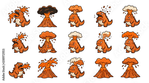 Bild auf Leinwand Minimalist Cartoon Volcano Eruptions with Dragon Pok mon Style Character Series