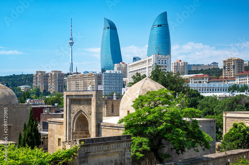 Shirvanshah Palace and Modern Towers in Baku Azerbaijan