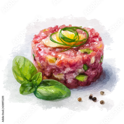 Fotografi Steak Tartare, watercolor clipart vector, isolated on a white background