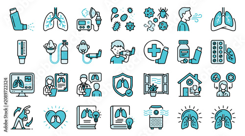 Bild auf Leinwand Professional blue line icons for asthma, respiratory health, pulmonary medicine, lung disease, inhaler, nebulizer, oxygen therapy, peak flow meter, medical equipment, doctor, breathing, air purifier