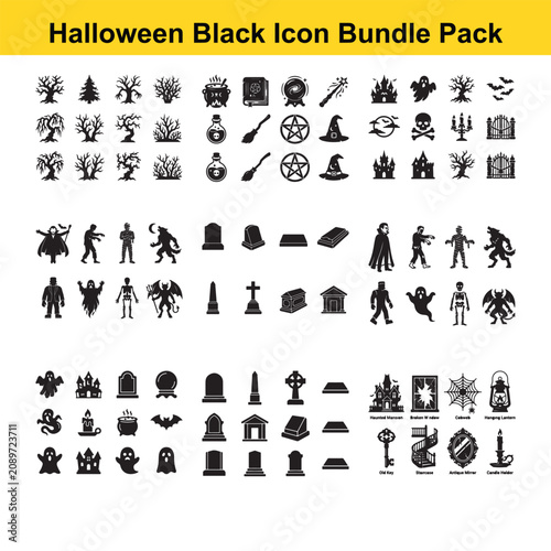 Halloween Themed Icons Set Featuring Spooky Symbols and Characters Design