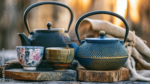 Artisan Teapots and Cups on Rustic Table Under Soft Light in Outdoor Setting