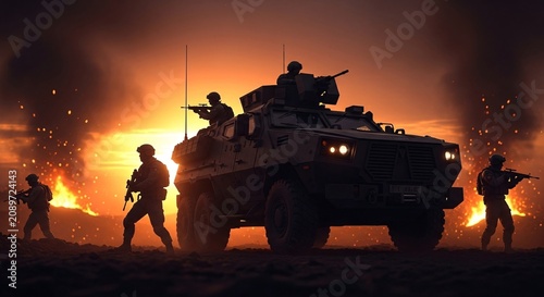 Military soldiers operating armored vehicle during night combat scene with explosions and fire in the background for defense and security themes