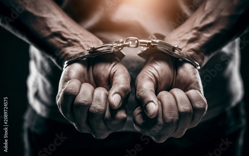 Close-Up of Human Hands Secured with Metal Handcuffs Against a Dark Background