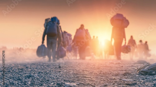 Hopeful Journey of Refugees Migrating with Backpacks Under a Dusk Sky